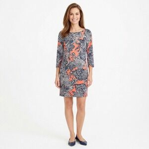 The Limited XS Paisley Floral Shift Dress Coral Navy Gold Zip Boho 3/4 Sleeve XS